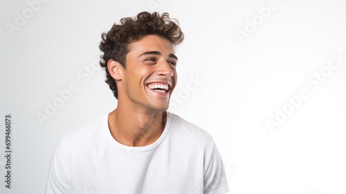 A professional portrait studio photo of a handsome young white american man model with perfect clean teeth laughing and smiling. isolated on white background photo