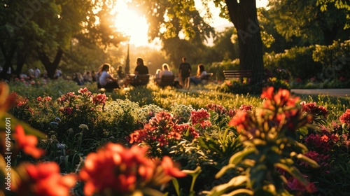 A group of people sitting on a bench in a park. Suitable for depicting social gatherings and leisure activities