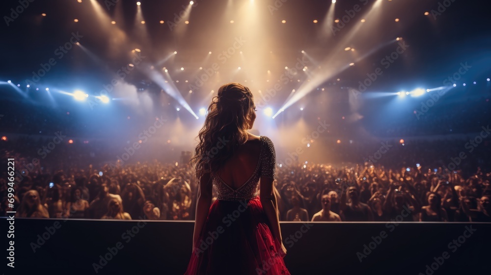 A beautiful female pop star singer giving music concert performance in a huge crowded stadium arena hall on a stage. cool vibe with many fans - obrazy, fototapety, plakaty 