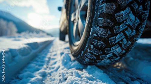 A detailed view of a tire on a snowy road. Perfect for illustrating winter driving conditions