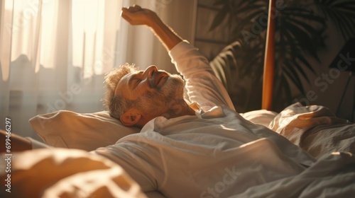 A man laying in bed with his arms up in the air. This image can be used to depict relaxation, stretching, waking up, or feeling refreshed