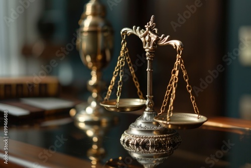 A golden scale sitting on top of a glass table. Perfect for illustrating balance, precision, or justice. Ideal for legal, financial, or business concepts