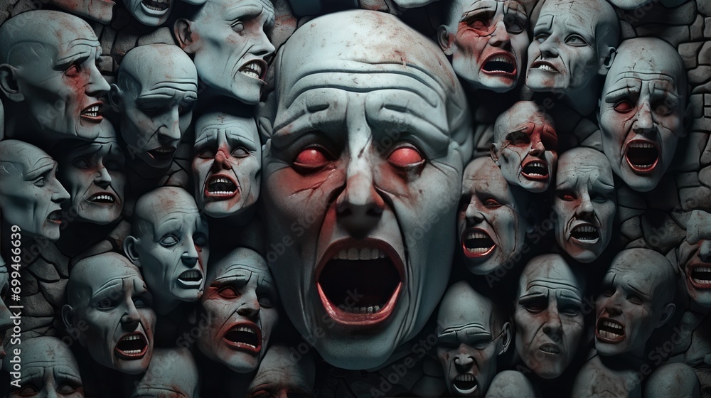 chilling artistic representation of pain and terror with group of frightened faces. high-quality image for spooky graphic design and creative illustration - obrazy, fototapety, plakaty 