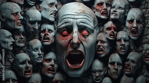 chilling artistic representation of pain and terror with group of frightened faces. high-quality image for spooky graphic design and creative illustration