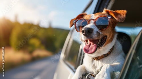 A picture of a dog wearing sunglasses and sticking its head out of a car window. Perfect for capturing the joy and excitement of a road trip with your furry friend