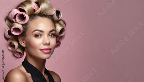 Portrait of a woman on a pink background with curlers in her hair