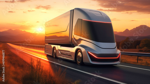 Stunning image of an electric semi-trailer driving down a highway during sunset. A futuristic truck is driving along the highway. The concept of road transport in the future.
