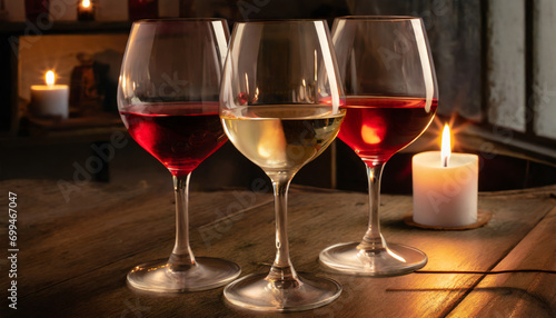 Three types of wine in glasses. Rose, white and red wine