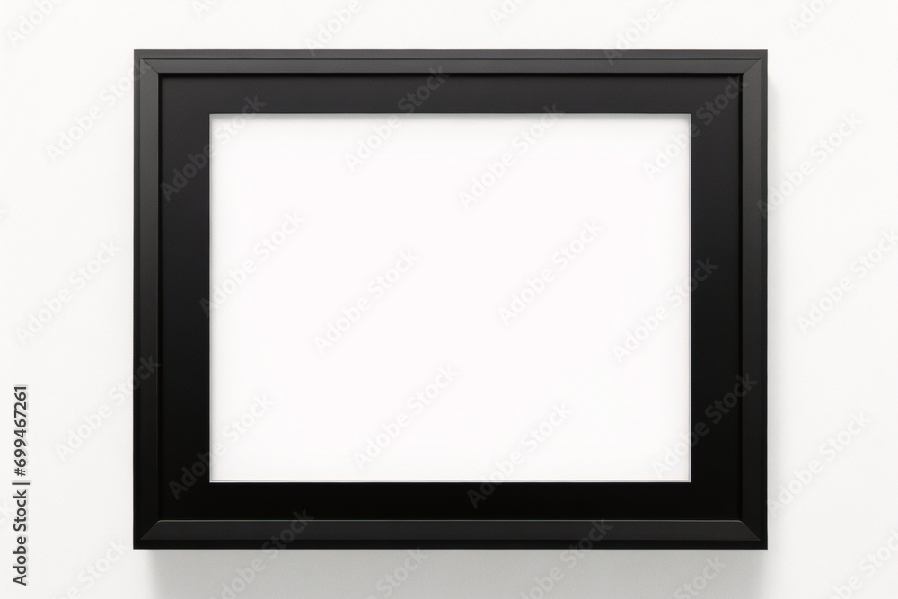 Leere leere Leinwand mit dekorativem schwarzem Bilderrahmen auf weißem Hintergrund Leere leere Leinwand mit dekorativem schwarzem Bilderrahmen auf weißem Hintergrund