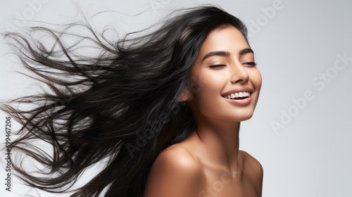 Closeup photo portrait of a beautiful young asian indian female model woman shaking her beautiful hair in motion. ad for shampoo conditioner hair products. isolated on white background,