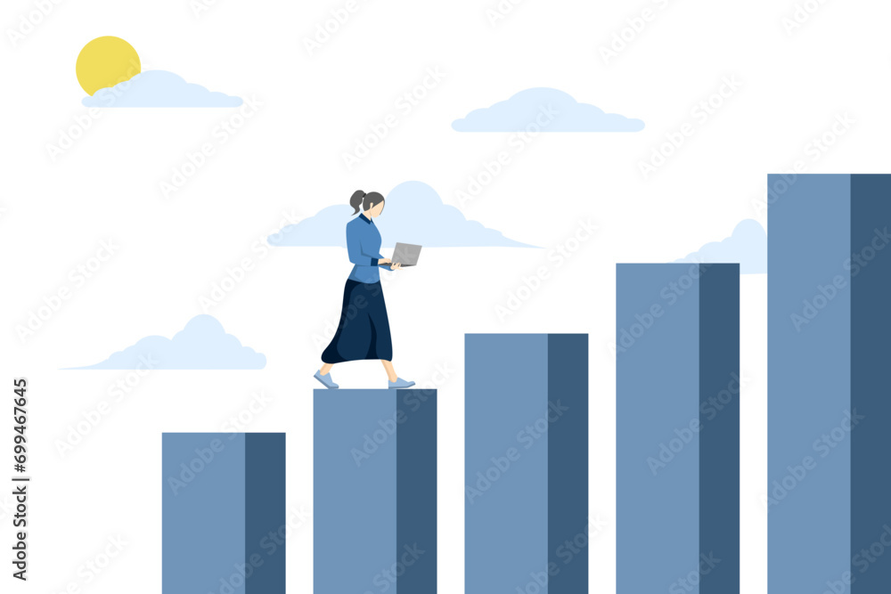 Concept of growth or improvement, progress in career path to achieve business goals, steps towards skill development, businesswoman working on laptop running on growing charts and graphs. Concept of growth or improvement, progress in career path to achieve business goals, steps towards skill development, businesswoman working on laptop running on growing charts and graphs.