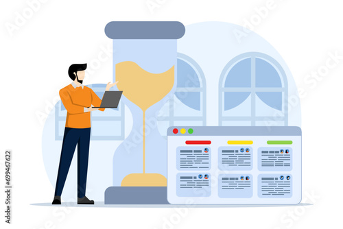 Time management, schedule or planner concept, business worker character with hourglass. productivity, efficient use of working time for the implementation of business plans. vector illustration.