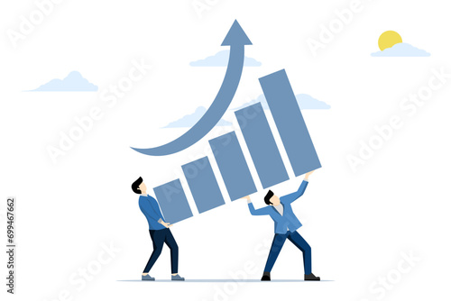 Business growth concept, increase or progress towards success, team planning and strategy to achieve success, growth or progress, businessman employee help to construct growth graph. vector.