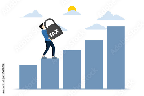 Businessmen raise high taxes, Businessmen who are tired of lifting the burden of writing taxes. Tax burden tax time and taxpayer finance concept. Flat vector illustration on white background.