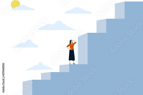 challenge concept to overcome difficulties, obstacles or business problems, think of solutions to overcome obstacles to success, businessman climbs the ladder to find a big difficult step. vector.