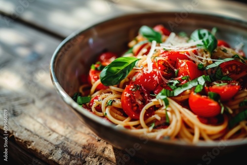 A delicious bowl of spaghetti topped with fresh tomatoes, fragrant basil, and grated parmesan cheese. Perfect for Italian cuisine or food-themed projects