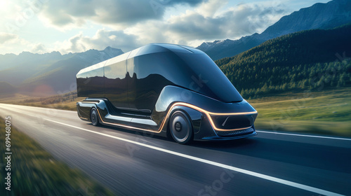 Electric cargo semi-trailer truck driving on the highway, transporting goods in the evening. Delivery and logistics concept for the future. Transportation of goods over long distances. © Anoo