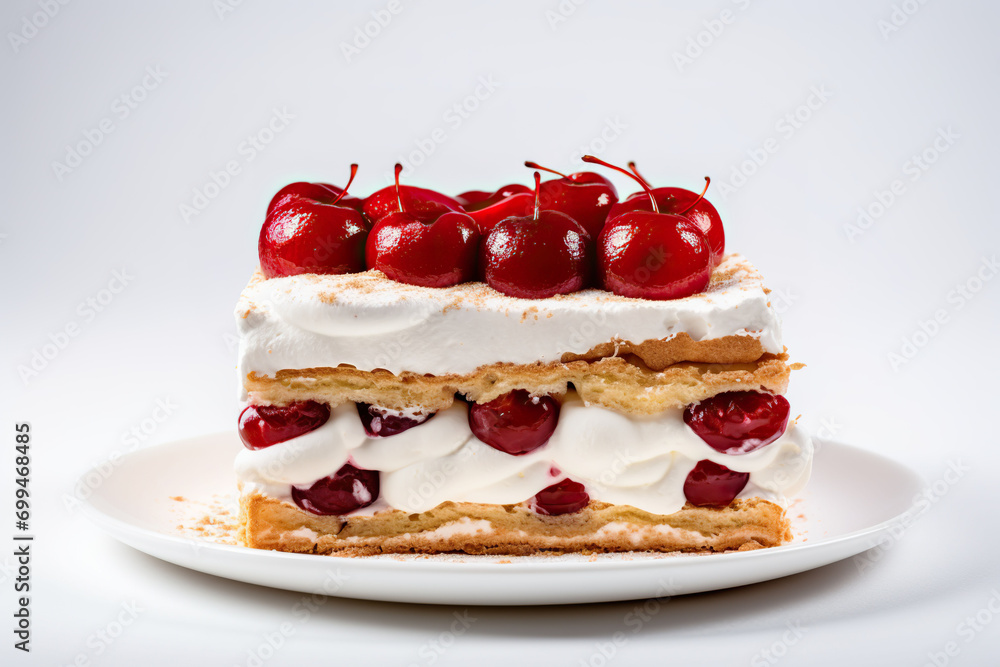 Cake with cherries and whipped cream on a white background. Cake with cherries and whipped cream on a white background.