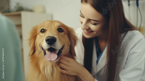 A beautiful female vet nurse doctor examining a cute happy golden retriever dog making medical tests in a veterinary clinic. animal pet health checkup