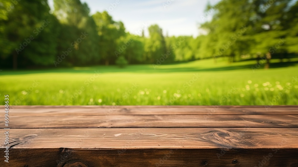 Empty wooden table on a background of green grass real photo Empty wooden table on a background of green grass real photo