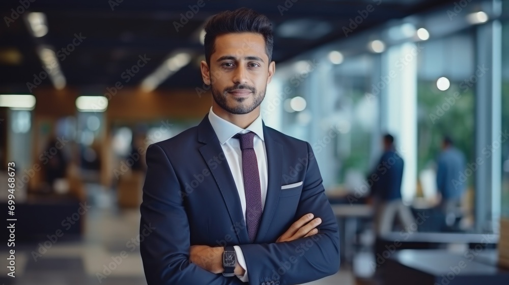 Portrait of a handsome smiling asian indian businessman boss in a suit standing in his modern business company office. his workers standing in the blurry background - obrazy, fototapety, plakaty 