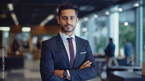 Vászonkép Portrait of a handsome smiling asian indian businessman boss in a suit standing in his modern business company office