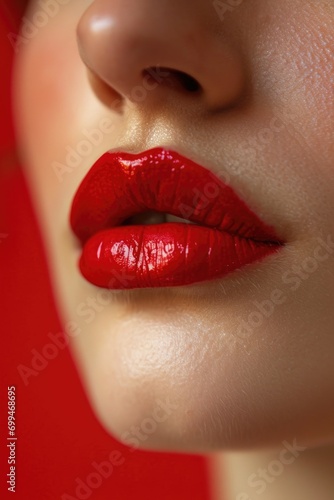 A close-up view of a woman s lips with vibrant red lipstick. Perfect for beauty and fashion-related projects