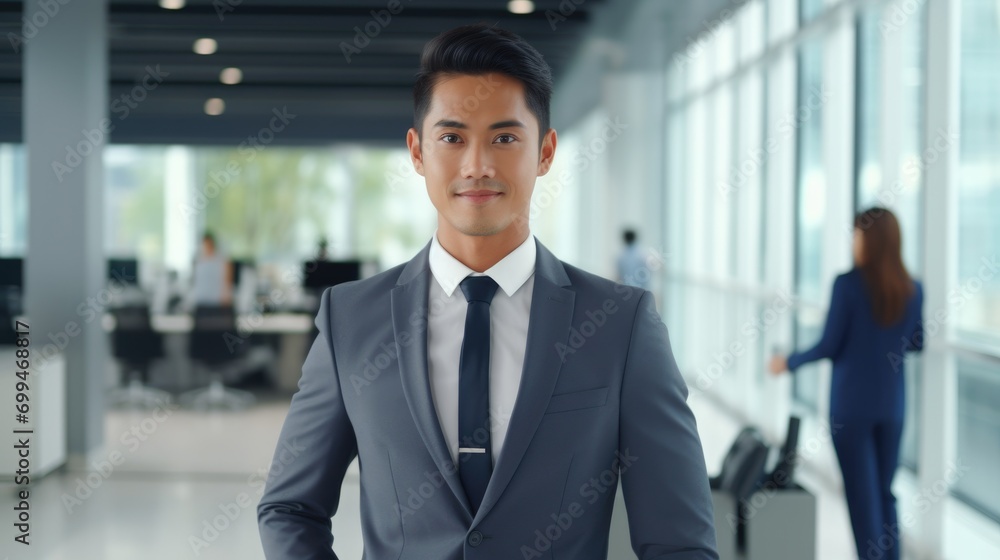 Portrait of a handsome smiling asian indian businessman boss in a suit standing in his modern business company office. his workers standing in the blurry background Portrait of a handsome smiling asian indian businessman boss in a suit standing in his modern business company office. his workers standing in the blurry background