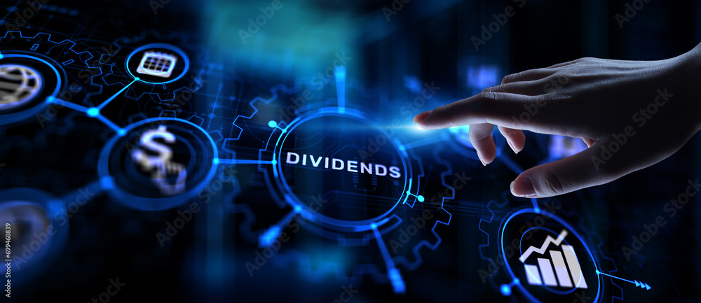 Dividends button on virtual screen. Return on Investment ROI financial business wealth concept.