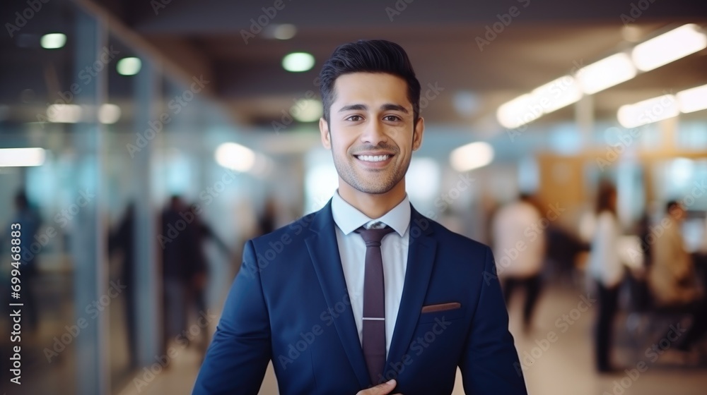 Portrait of a handsome smiling asian indian businessman boss in a suit standing in his modern business company office. his workers standing in the blurry background