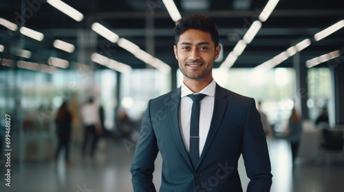 Portrait of a handsome smiling asian indian businessman boss in a suit standing in his modern business company office. his workers standing in the blurry background