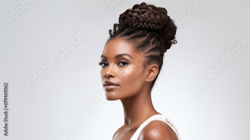 Portrait of beautiful black african american woman with curly long braids and bun. perfect face structure. sharp jawline looking straight forward in front. isolated on white background photo