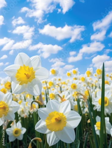 White and yellow daffodils in a field with blue sky. Generative AI.