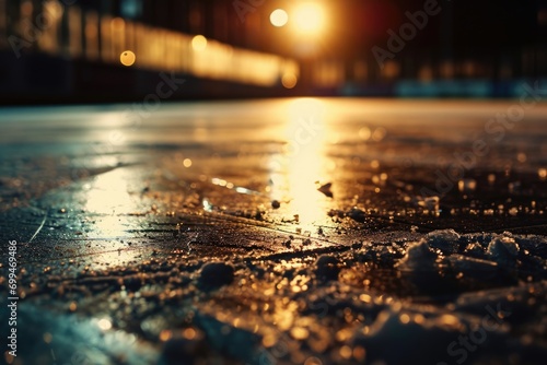 A wet street at night with a street light in the background. Suitable for urban, cityscape, or rainy day themes