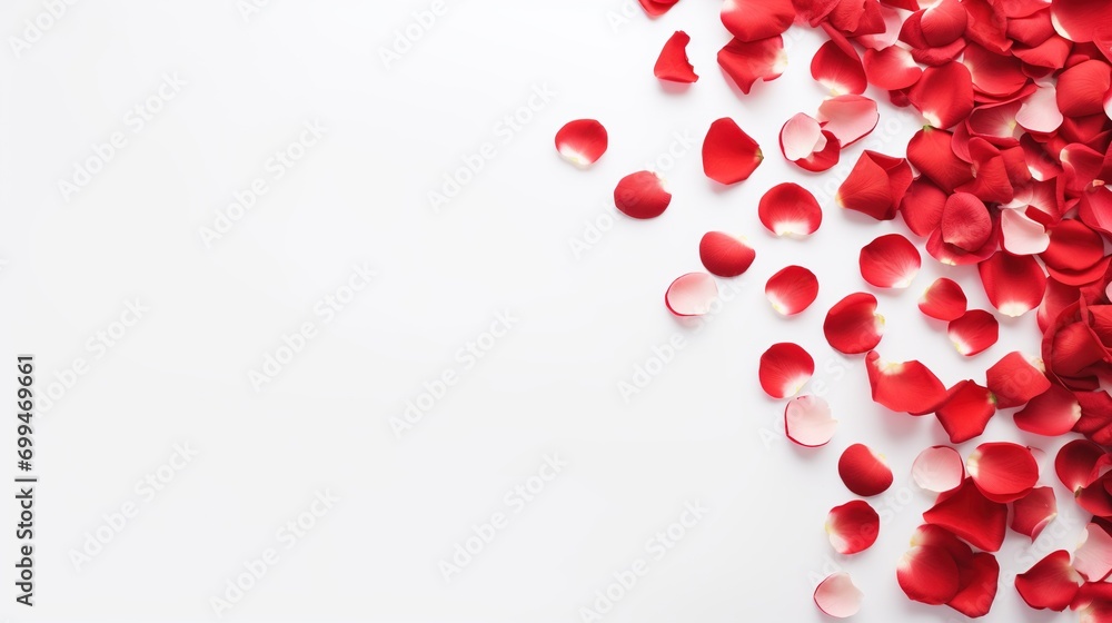 Red Rose Petals on White Background with Copy Space. Love, Valentine, Presentation, Wallpaper
