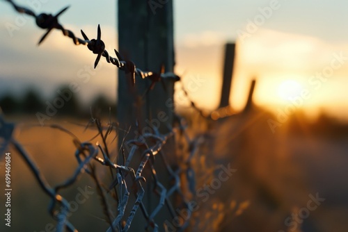 A picture of a barbed wire fence with a beautiful sunset in the background. Perfect for illustrating concepts of confinement, security, or boundaries. © Fotograf