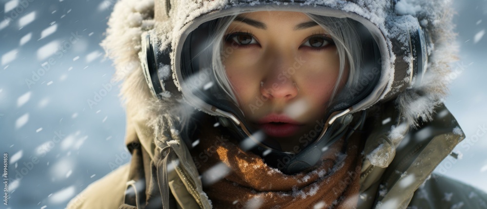 A woman wearing a winter coat and hat in the snow. Generative AI. A woman wearing a winter coat and hat in the snow. Generative AI.