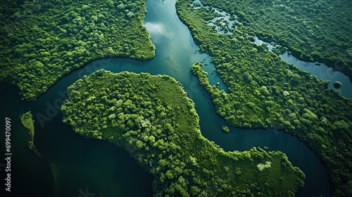 aerial drone view of the amazonian forest and tropical river water ways AI generated photo