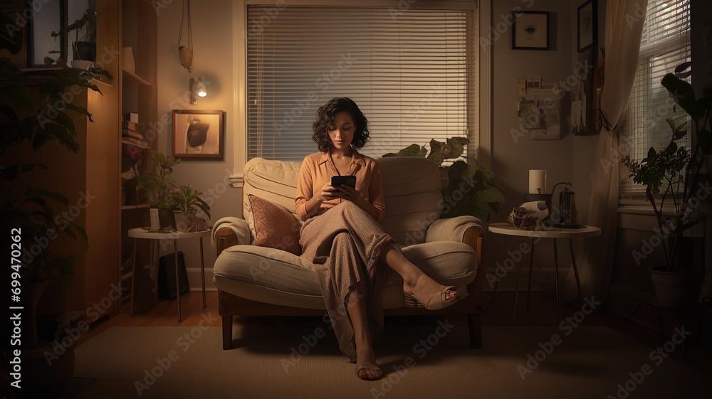 horizontal view of a young lady reading an ebook seated on a sofa in her living room in a cosy warm atmosphere AI generated