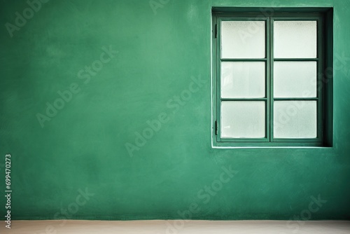 horizontal view of an empty room with green walls and a window on the right hand side AI generated