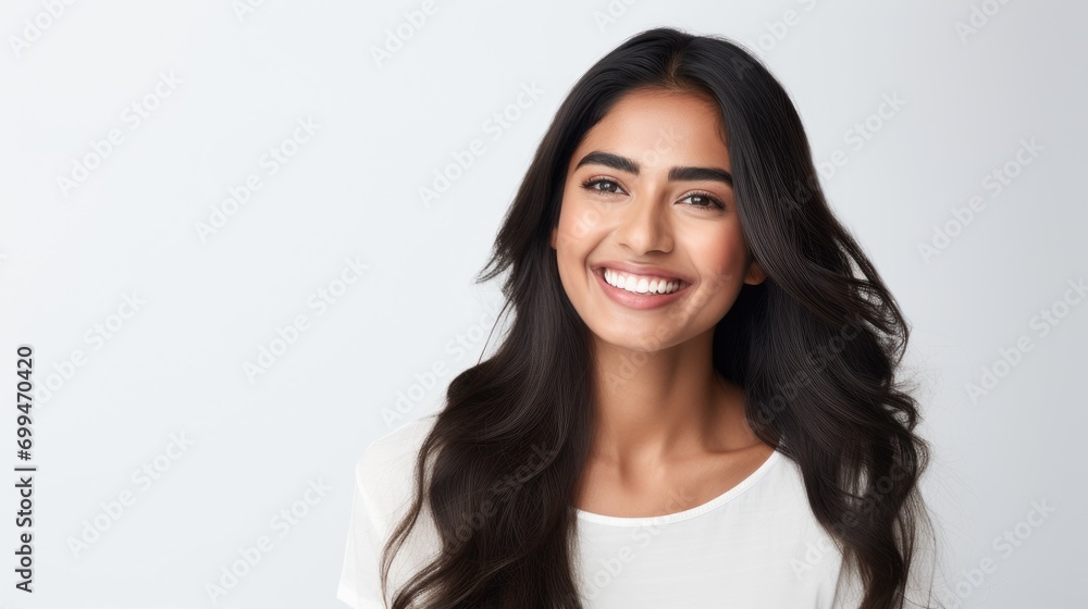 A closeup photo portrait of a beautiful young asian indian model woman smiling with clean teeth. used for a dental ad. isolated on white background A closeup photo portrait of a beautiful young asian indian model woman smiling with clean teeth. used for a dental ad. isolated on white background