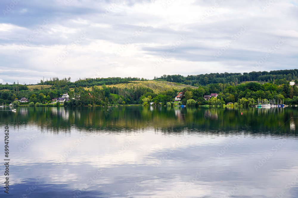 View of the Möhnesee and the surrounding landscape in the evening. Nature near Körbecke.