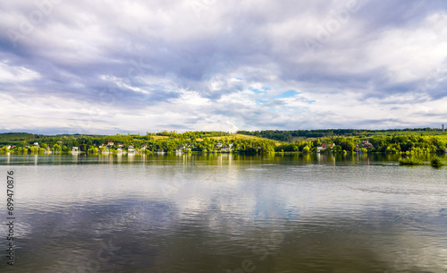 View of the Möhnesee and the surrounding landscape in the evening. Nature near Körbecke.