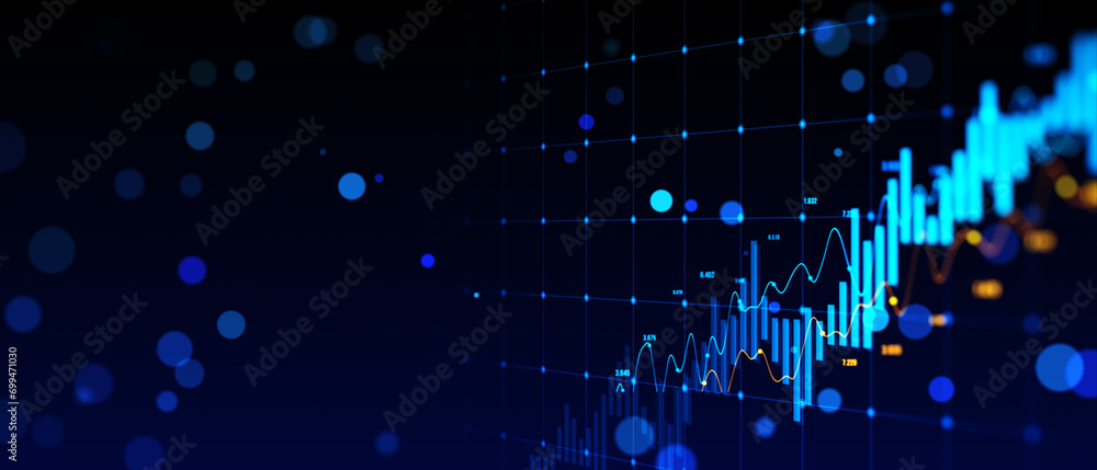 Creative growing forex chart on blue bokeh grid background. Trade, money, finance and success concept. 3D Rendering. - obrazy, fototapety, plakaty 