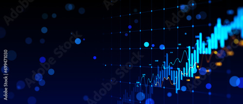 Creative growing forex chart on blue bokeh grid background. Trade, money, finance and success concept. 3D Rendering. photo