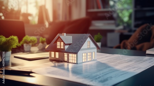 A concept holo 3d render model of a small living house on a table in a real estate agency. signing mortgage contract document and demonstrating. futuristic business. blurry background