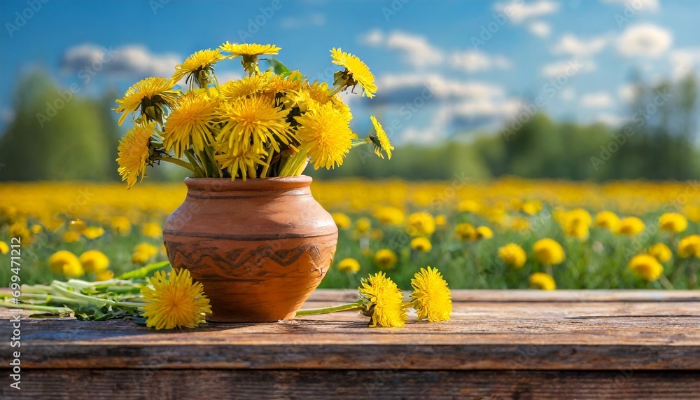 Bukiet żółtych kwiatów mniszka lekarskiego na drewnianym blacie. W tle wiosenny krajobraz z łąką pełną żółtych mleczy - obrazy, fototapety, plakaty 