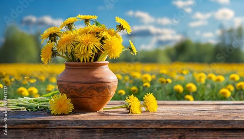 Bukiet żółtych kwiatów mniszka lekarskiego na drewnianym blacie. W tle wiosenny krajobraz z łąką pełną żółtych mleczy photo