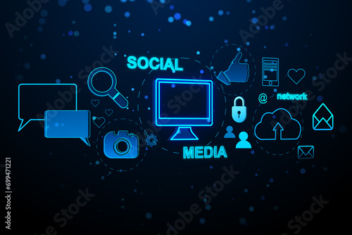 Creative social media interface with emails, speech bubbles, mobile internet, cloud computing and other icons on blurry background. 3D Rendering.