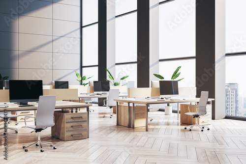 New gray coworking office interior with panoramic window and sunlight, furniture and equipment. 3D Rendering.